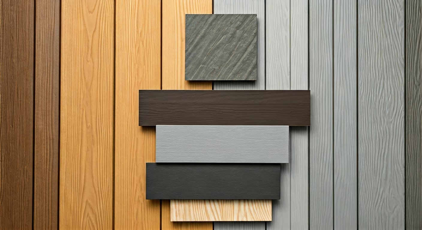 Variety of siding materials displayed outdoors