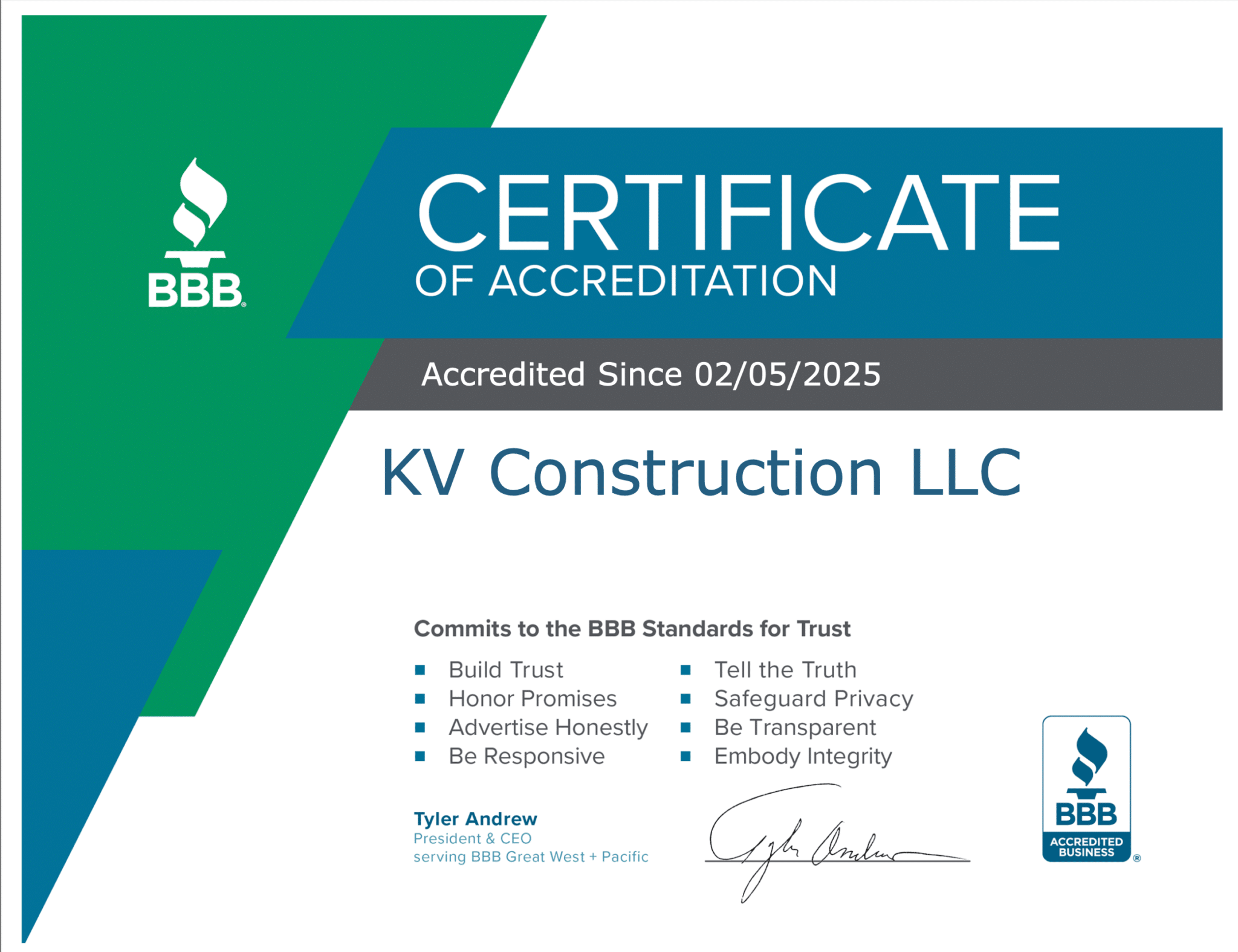 bbb certificate for seattle siding contractor KV Construction