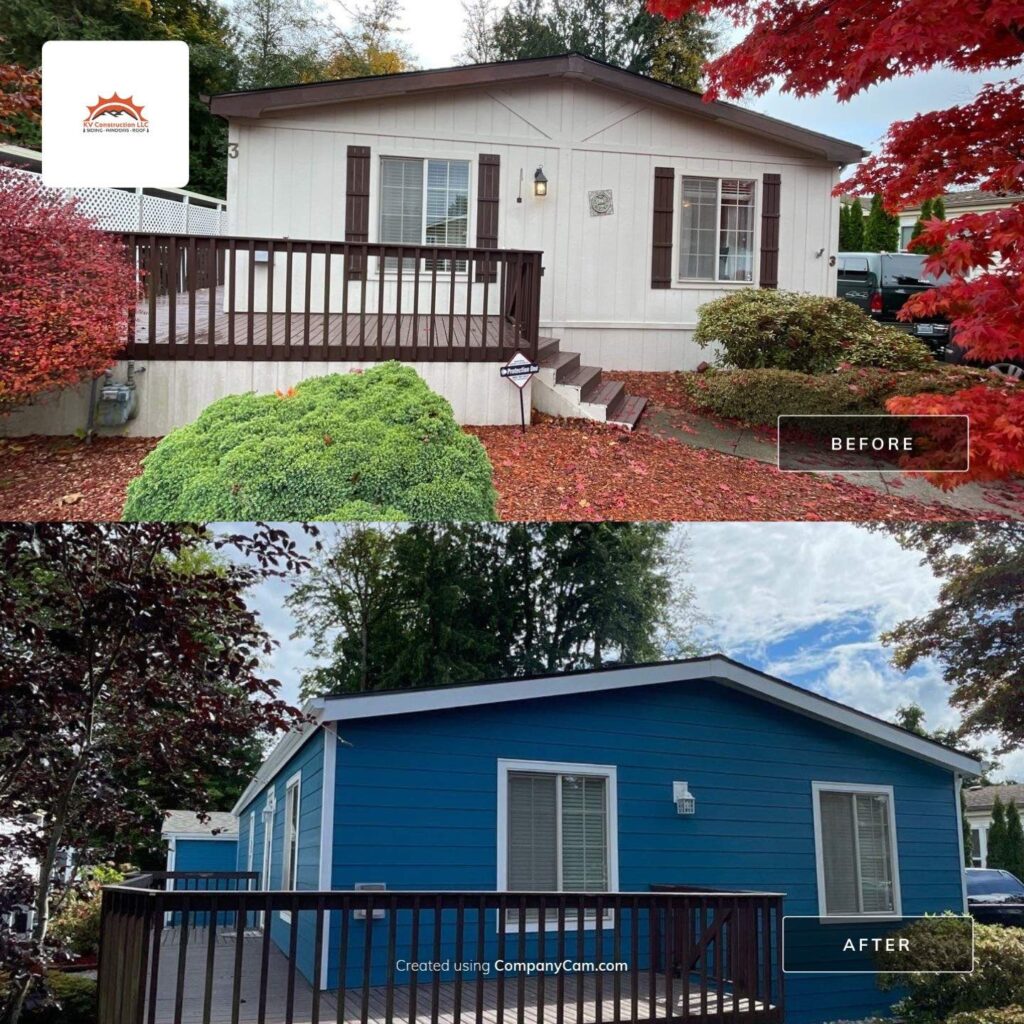 Before and after comparison of a house exterior renovation. The "before" image shows a beige manufactured home with dark brown trim and railings, surrounded by autumn foliage. In the "after" image, the home is transformed with bold blue sherwin wiilliams color and James Hardie lap siding, white trim, and a cleaner, more modern appearance, set against a backdrop of greenery and a partly cloudy sky.