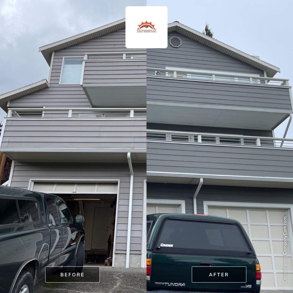 Before and after Hardie siding replacement on multi-story home with updated trim and cleaner exterior finish