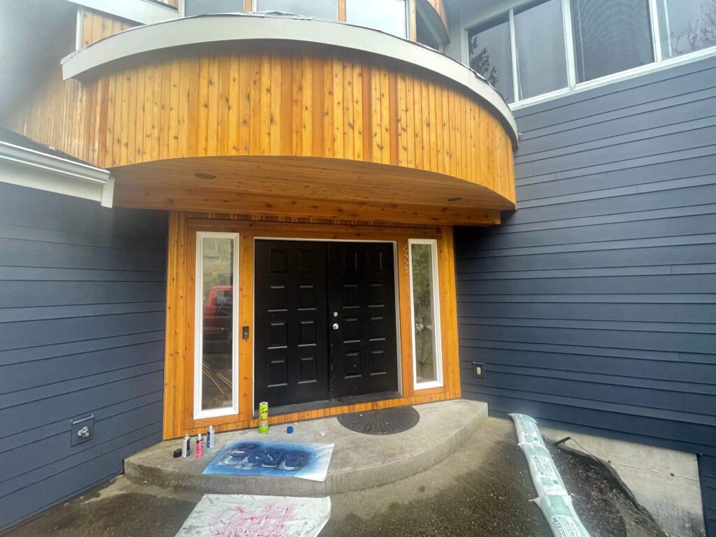 cedar siding accent on soffit entryway with tongue and groove tight knot cedar