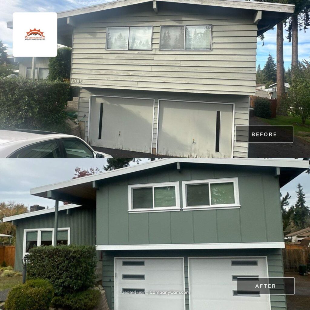 before and after, edmonds wa fiber cement siding replacement 2 story house front