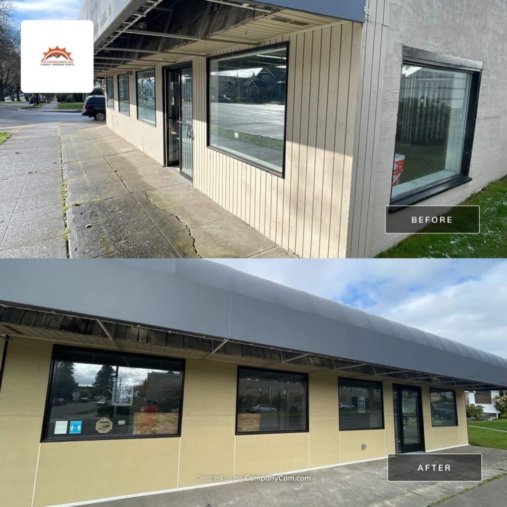 Full tear-off fiber cement panel replacement on commercial building in North Everett near Colby Ave