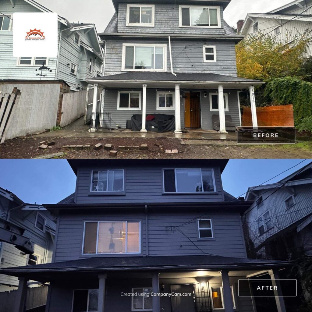 Before and after HardiePlank lap siding installation on a Seattle University District home