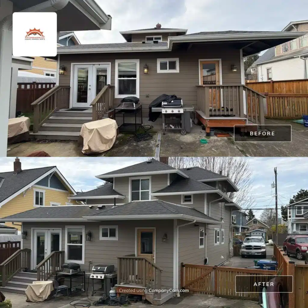 Ballard, Seattle, WA 8 1/4-inch ColorPlus Hardie lap siding with a 7-inch reveal in Monterey Taupe, with noted Light Mist scope detail from source data exterior project by KV Construction