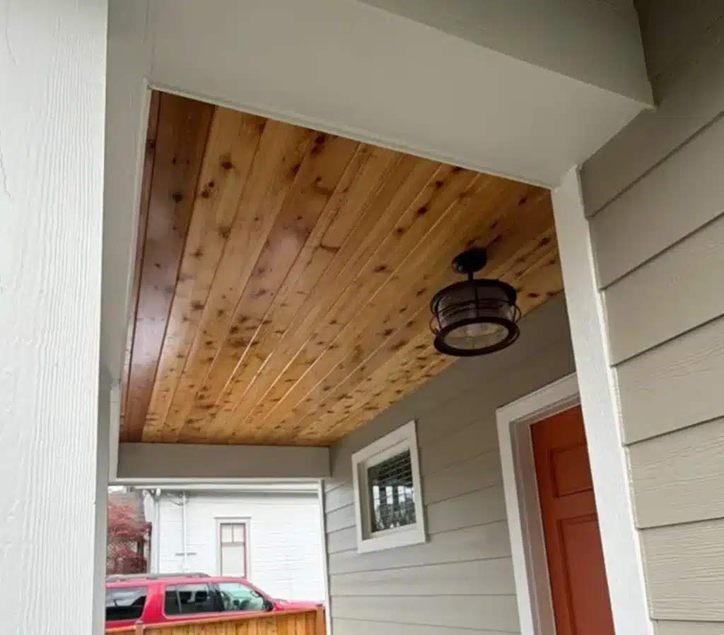 1x6 TK cedar entryway soffit with stain on Ballard, Seattle, WA siding project
