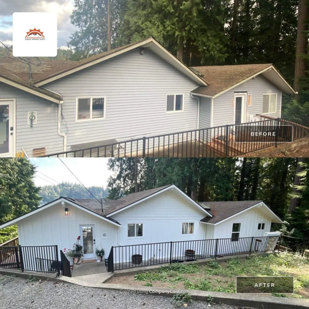 Lake Roesiger / Snohomish, WA Cedarmill HardiePanels with rustic 1x3 Hardie battens every 16 inches, plus Hardie Straight Edge Cedarmill shingles on gables exterior project by KV Construction