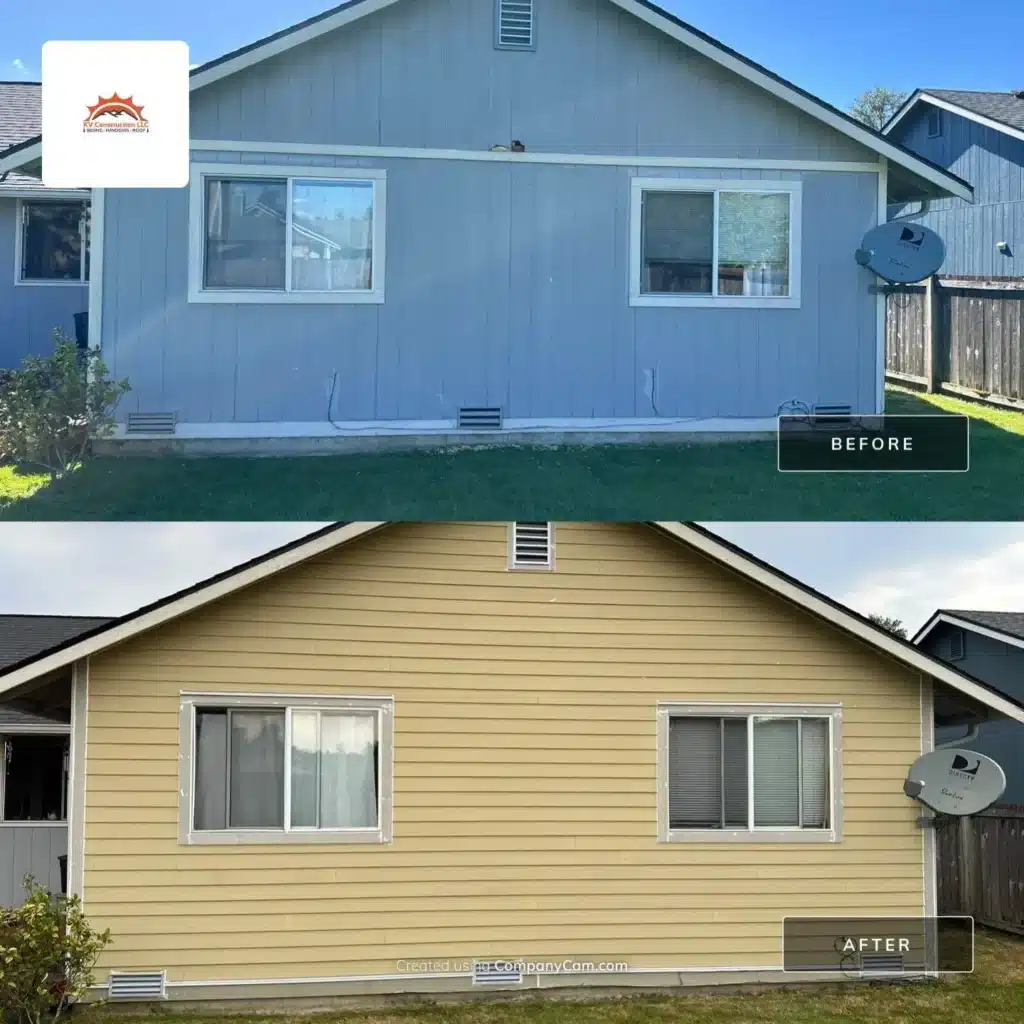 T1-11 siding tear-off before James Hardie installation by KV Construction