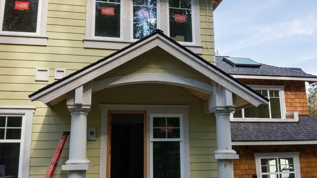 Issaquah project with Install 28 windows; straight-edge/even-course cedar shingle layout
