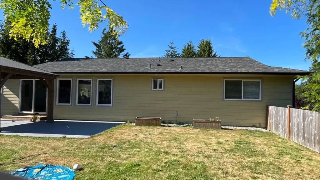 Lake Stevens project with 1x4 Cedar TK T/G entry wall/soffit; pressure-treated plywood strips at concrete transitions; new gable vents; white Ply Gem sliding door 71 1/2 x 81; new front door; 3-color SuperPaint; cedar stain 2 coats