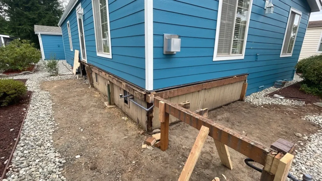 Lake Stevens project with Remove old window trim/corners/moulding; replace rotten LP-panel spots with OSB; pressure wash and caulking repair; two-color house paint plus shed painting; backside entryway excluded