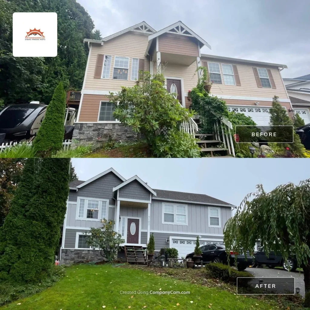 Marysville Marysville Aged Pewter & Pearl Gray James Hardie Exterior With Shingles, Board-and-Batten, Pine Soffits & New Gutters by KV Construction