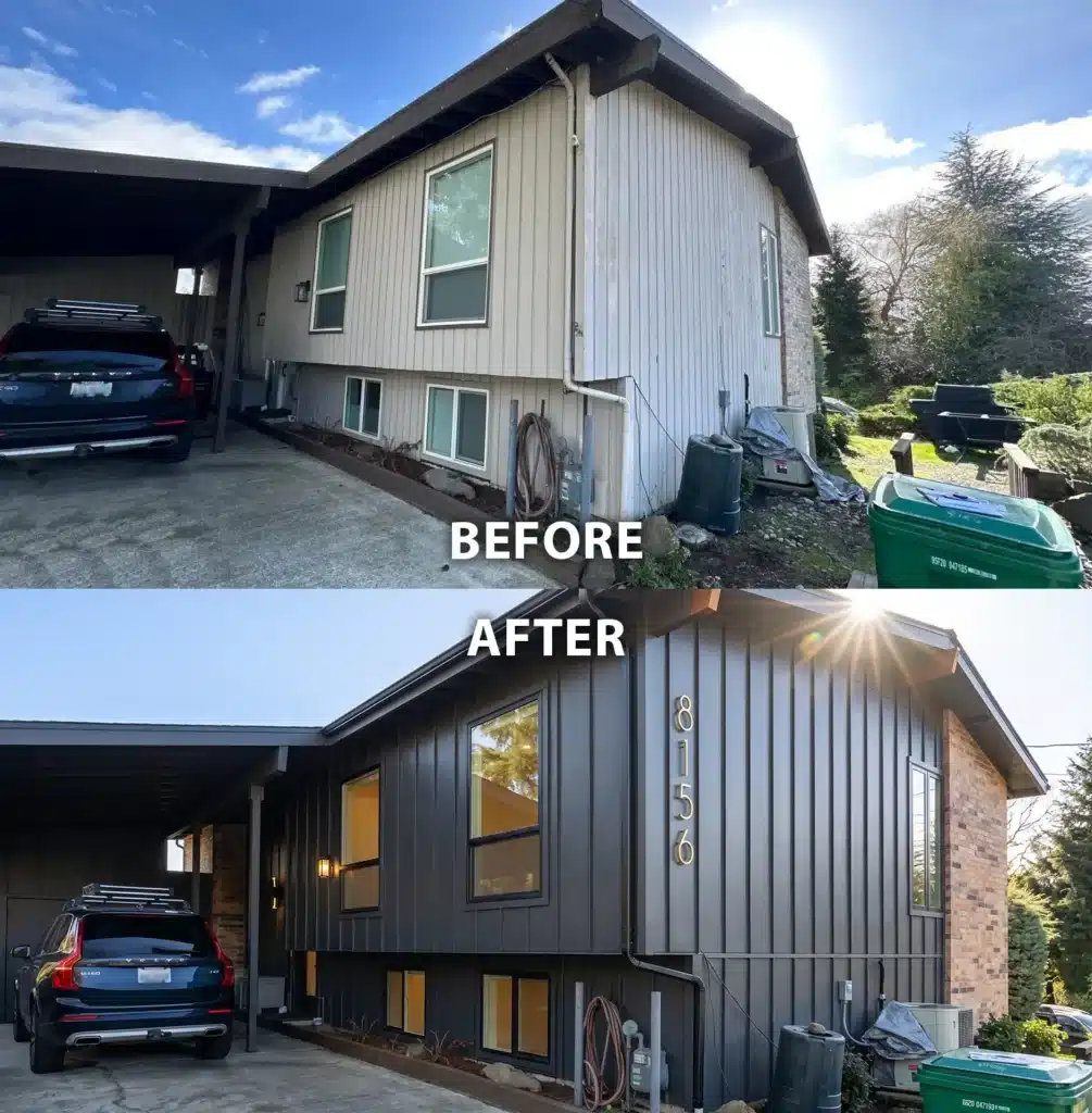 Seattle Seattle House & Garage Smooth Fiber Cement Board-and-Batten Exterior With OSB & Cedar Entry by KV Construction