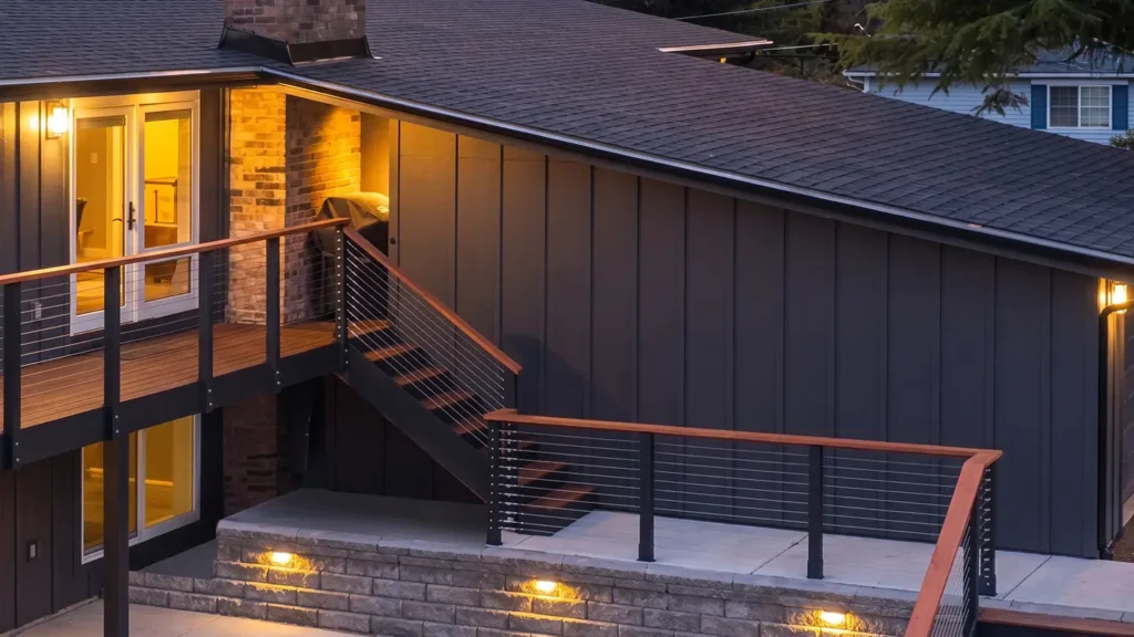 Seattle project with Old siding tear-off; 4x8 OSB on existing house only; 1x6 TK T/G cedar at entryway; punch nail heads